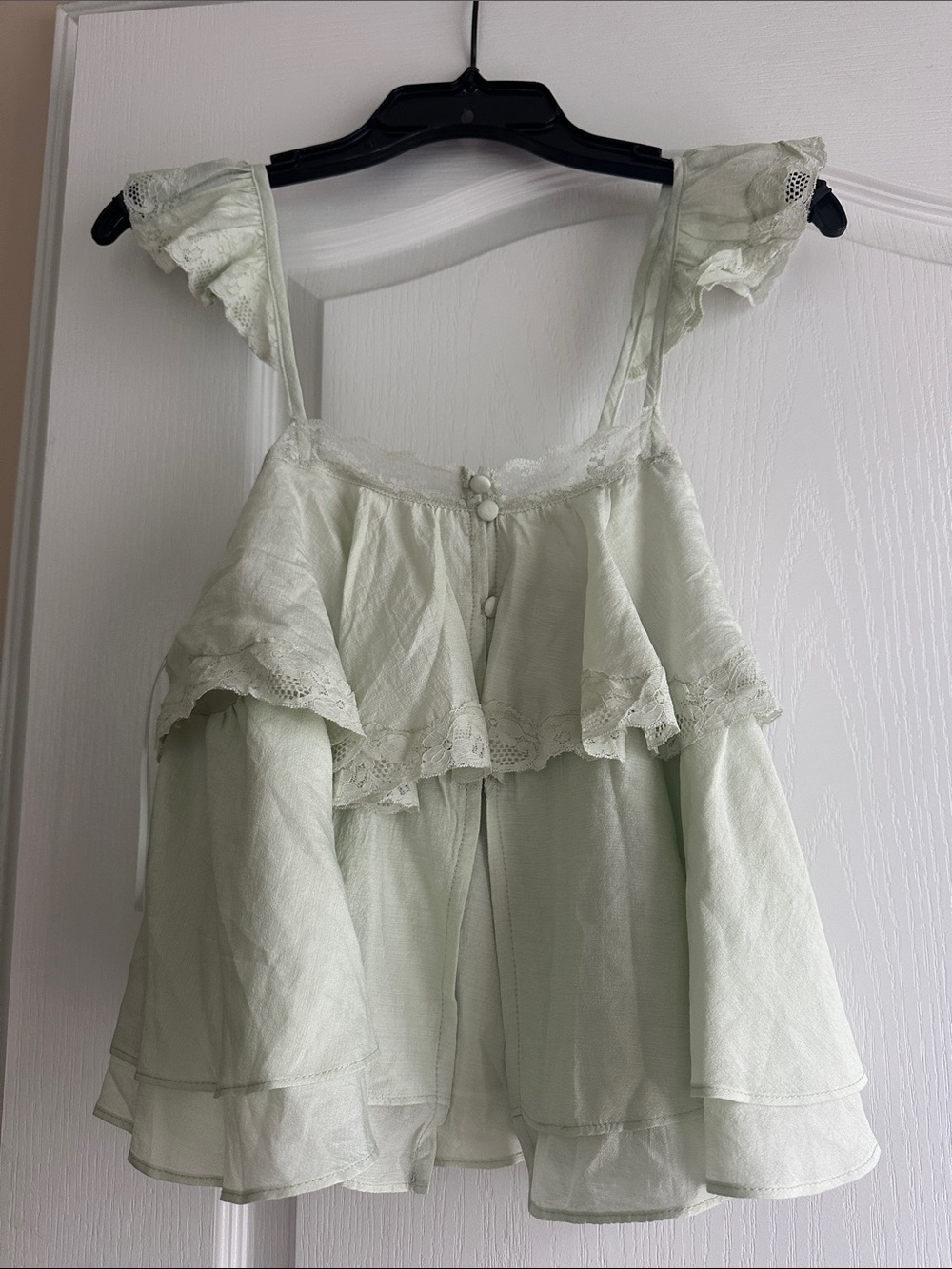 Light Mint Lace-Trim Tiered Ruffle Cami by